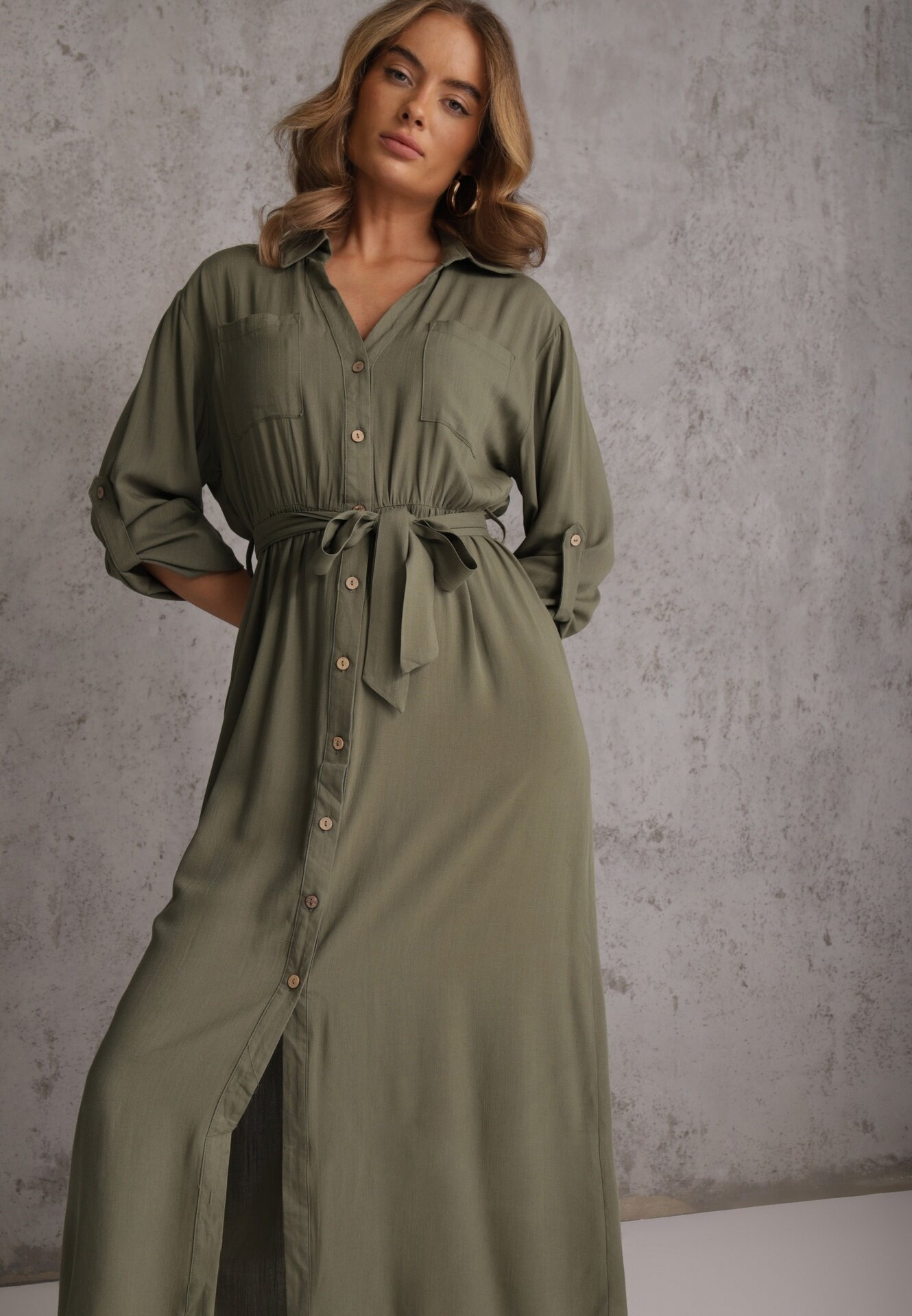 j&x Rochie tip cămașă Verde din bumbac cu cordon legat și mâneci rulate Cesela