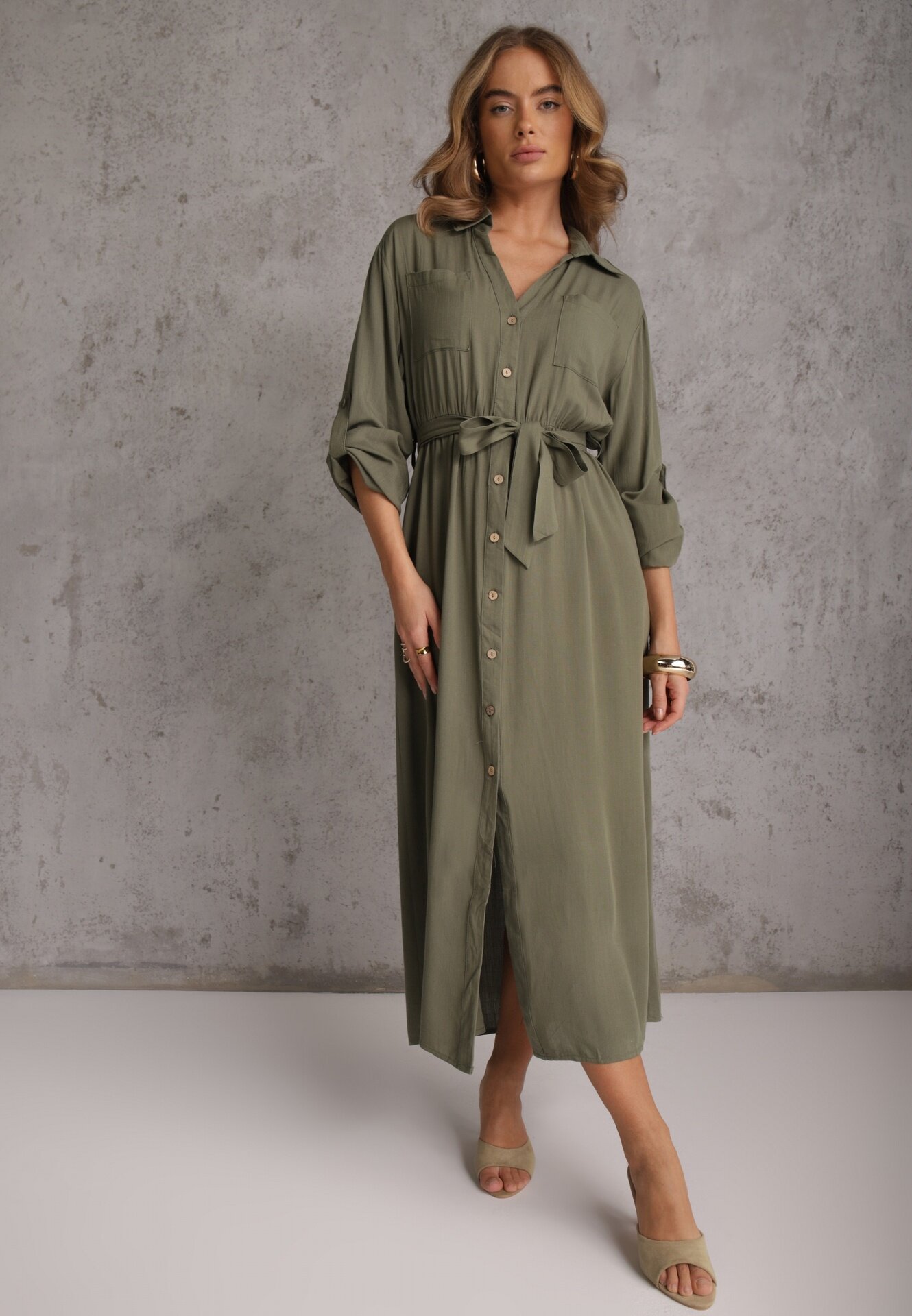 j&x Rochie tip cămașă Verde din bumbac cu cordon legat și mâneci rulate Cesela