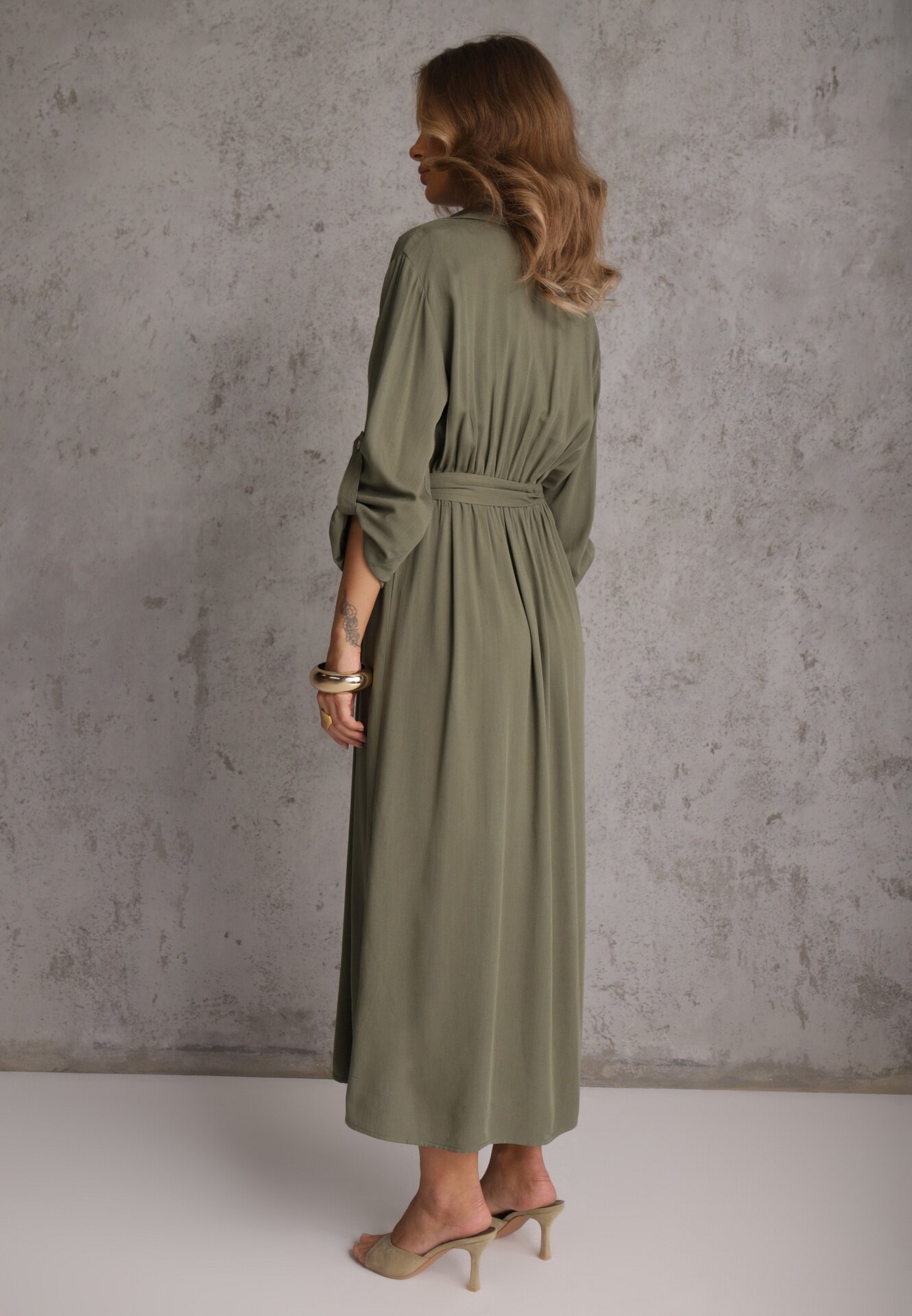 j&x Rochie tip cămașă Verde din bumbac cu cordon legat și mâneci rulate Cesela