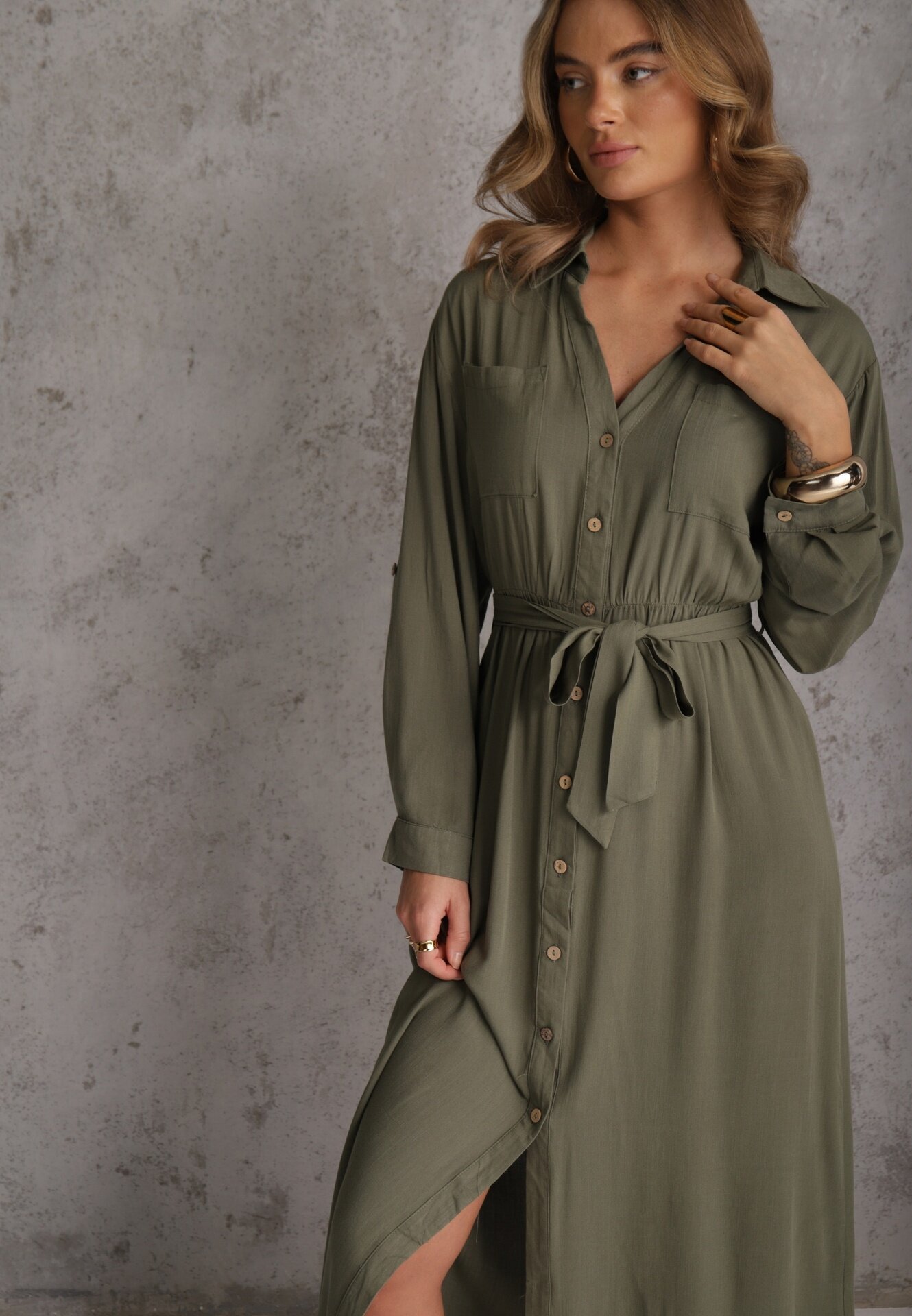 j&x Rochie tip cămașă Verde din bumbac cu cordon legat și mâneci rulate Cesela