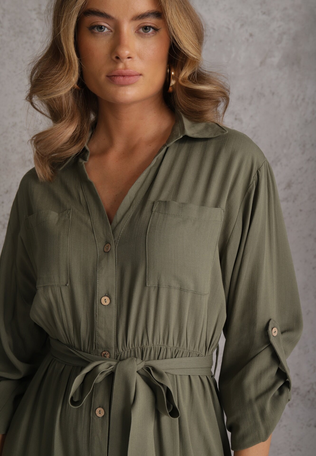 j&x Rochie tip cămașă Verde din bumbac cu cordon legat și mâneci rulate Cesela