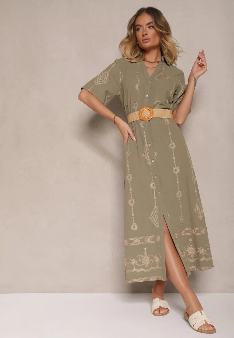 j&x Rochie tip cămașă Verde închis din bumbac cu curea împletită Sariene