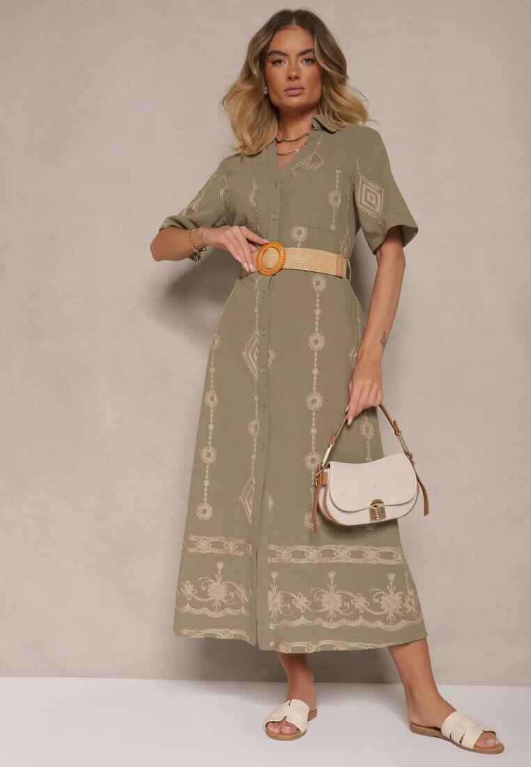 j&x Rochie tip cămașă Verde închis din bumbac cu curea împletită Sariene
