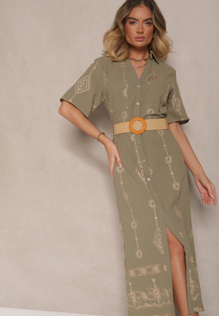 j&x Rochie tip cămașă Verde închis din bumbac cu curea împletită Sariene