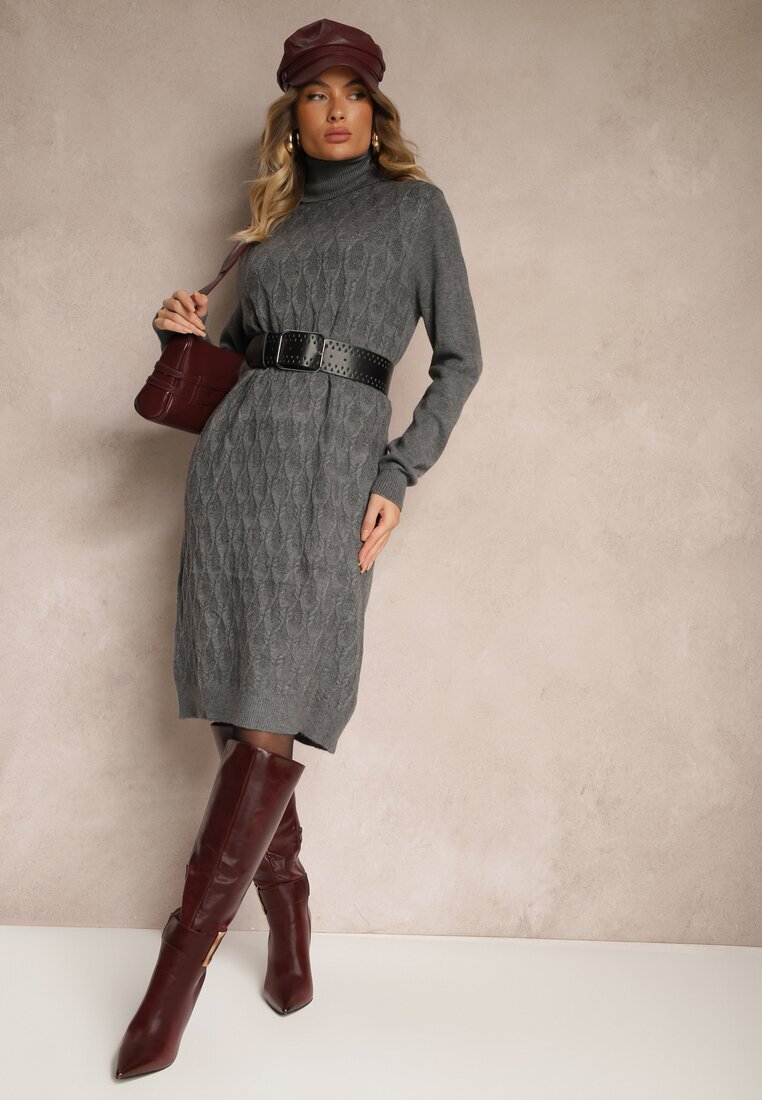 j&x Rochie Tip cutie Gri închis Tip pulover Cu guler înalt Din bumbac și lână Elanavia