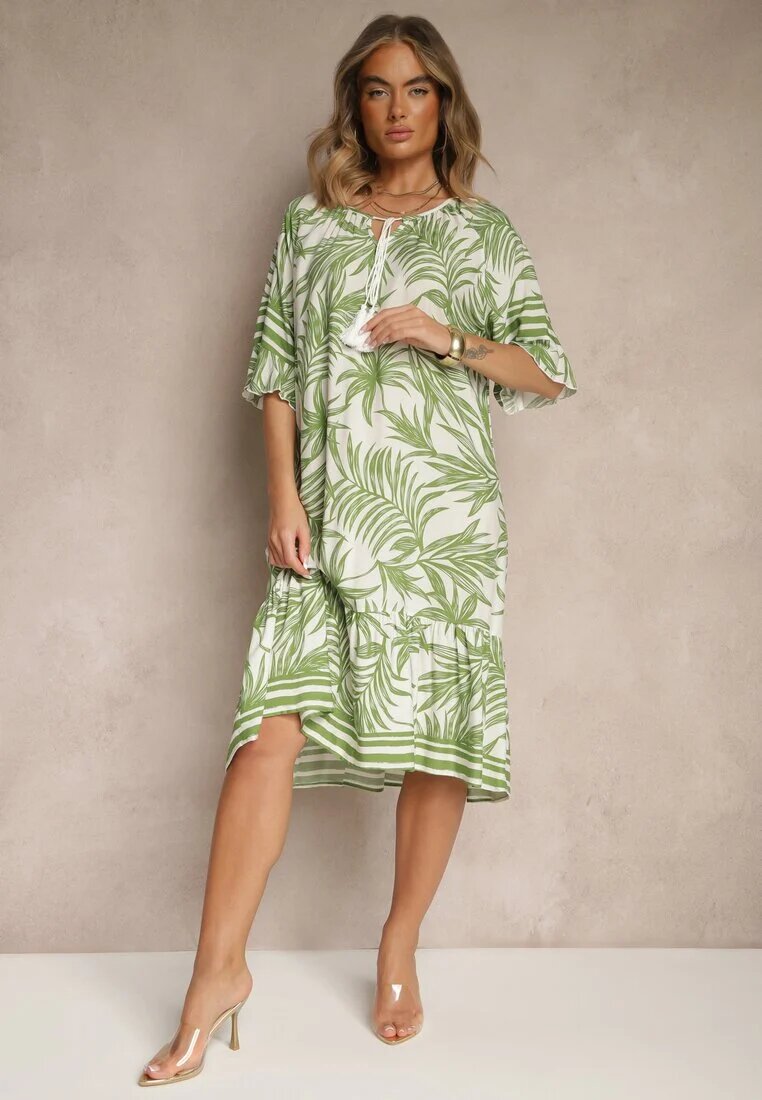 j&x Rochie Tip cutie Verde Decorată cu Imprimeu Floral și Legătură la Decolteu Miranissa