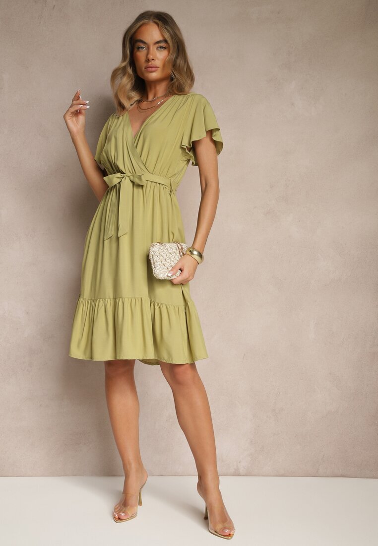j&x Rochie Tip Plic Verde din Viscoză Decorată cu Curea Lanestea