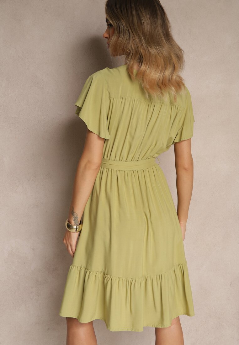 j&x Rochie Tip Plic Verde din Viscoză Decorată cu Curea Lanestea