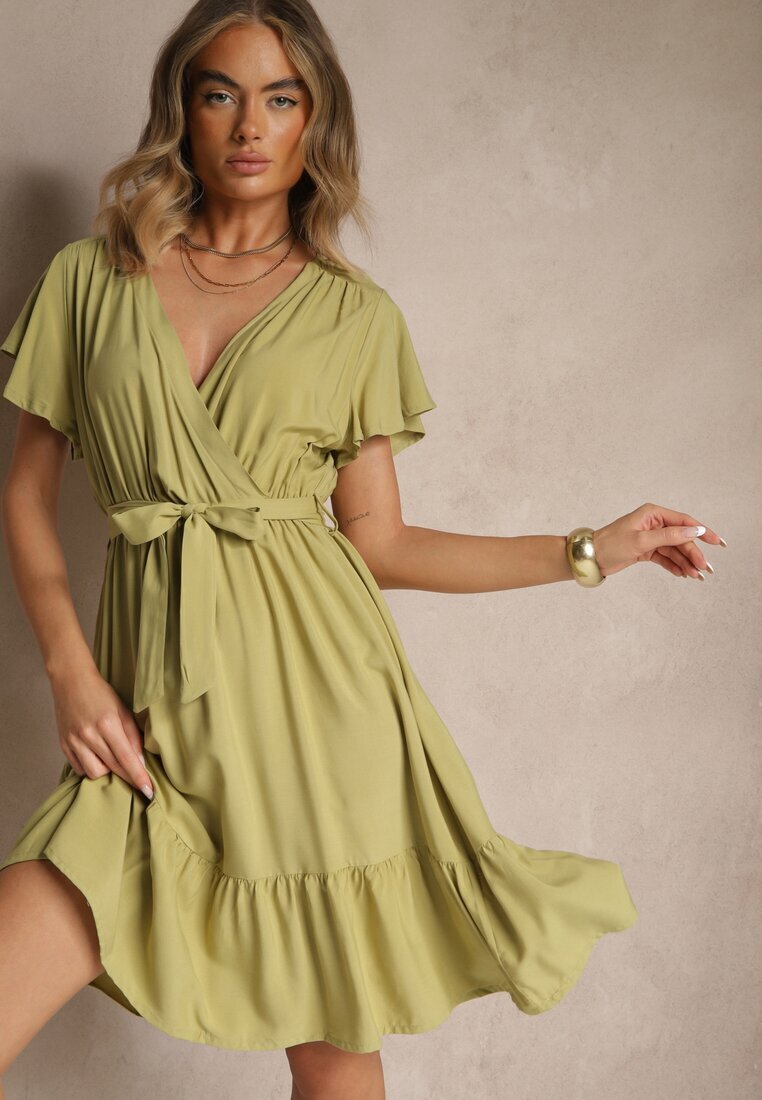 j&x Rochie Tip Plic Verde din Viscoză Decorată cu Curea Lanestea