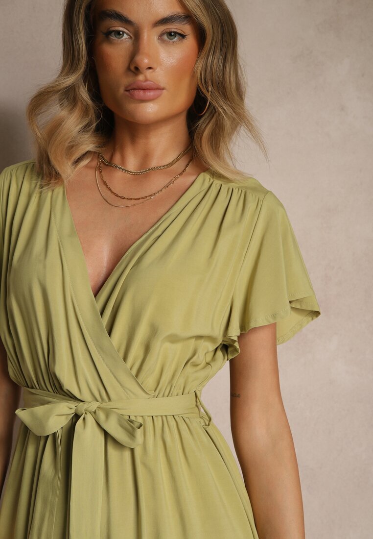 j&x Rochie Tip Plic Verde din Viscoză Decorată cu Curea Lanestea