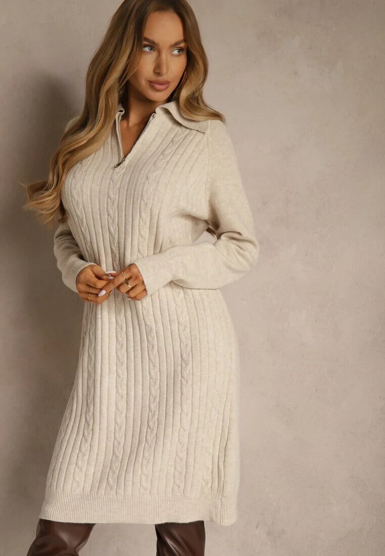 j&x Rochie tip pulover Bej deschis din bumbac și lână decorată cu fermoar Reinda