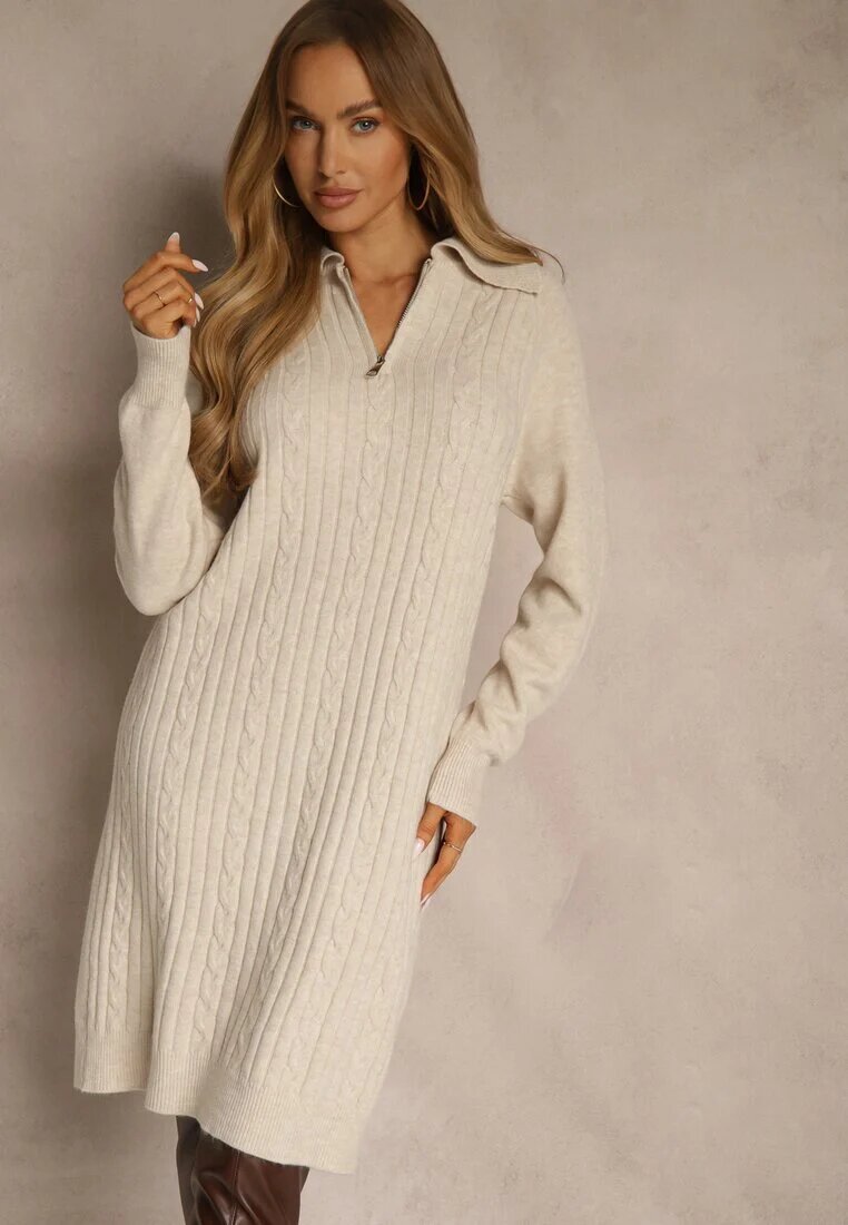 j&x Rochie tip pulover Bej deschis din bumbac și lână decorată cu fermoar Reinda
