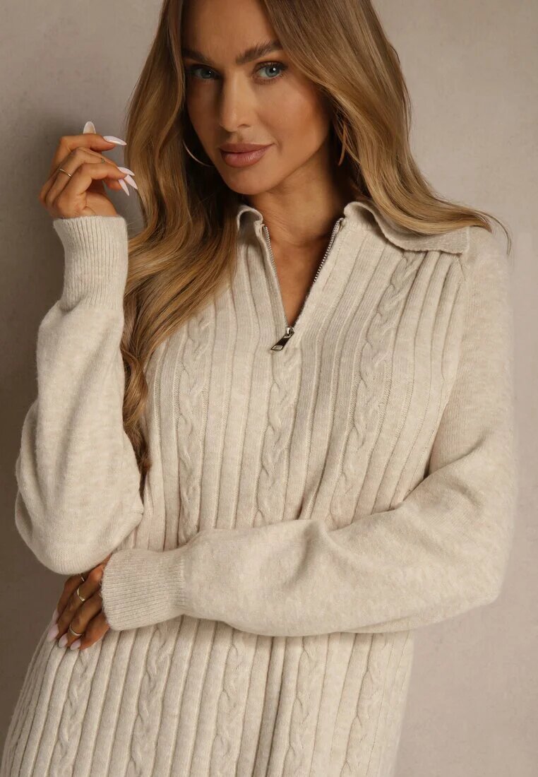 j&x Rochie tip pulover Bej deschis din bumbac și lână decorată cu fermoar Reinda