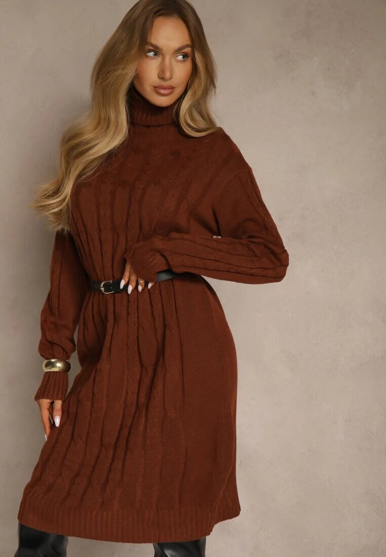 j&x Rochie tip pulover maro deschis cu guler înalt din lână și bumbac și cu împletitură decorativă Reilenea