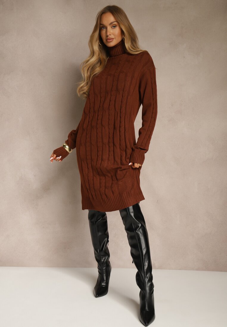 j&x Rochie tip pulover maro deschis cu guler înalt din lână și bumbac și cu împletitură decorativă Reilenea