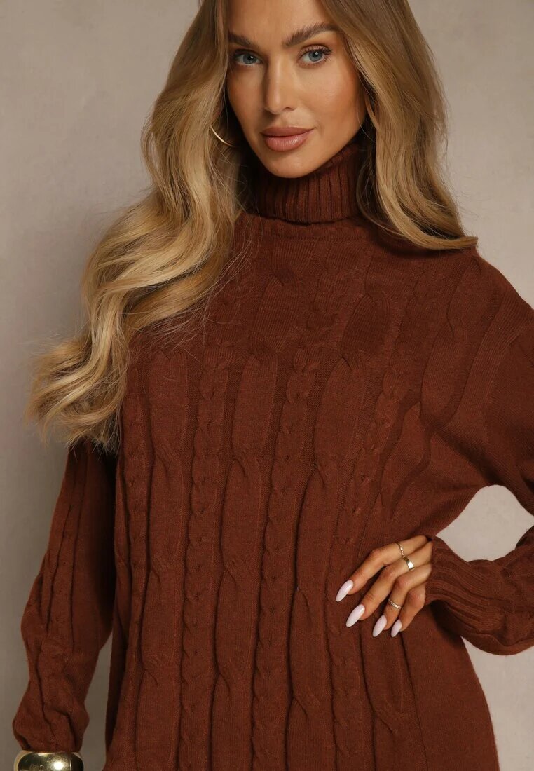 j&x Rochie tip pulover maro deschis cu guler înalt din lână și bumbac și cu împletitură decorativă Reilenea