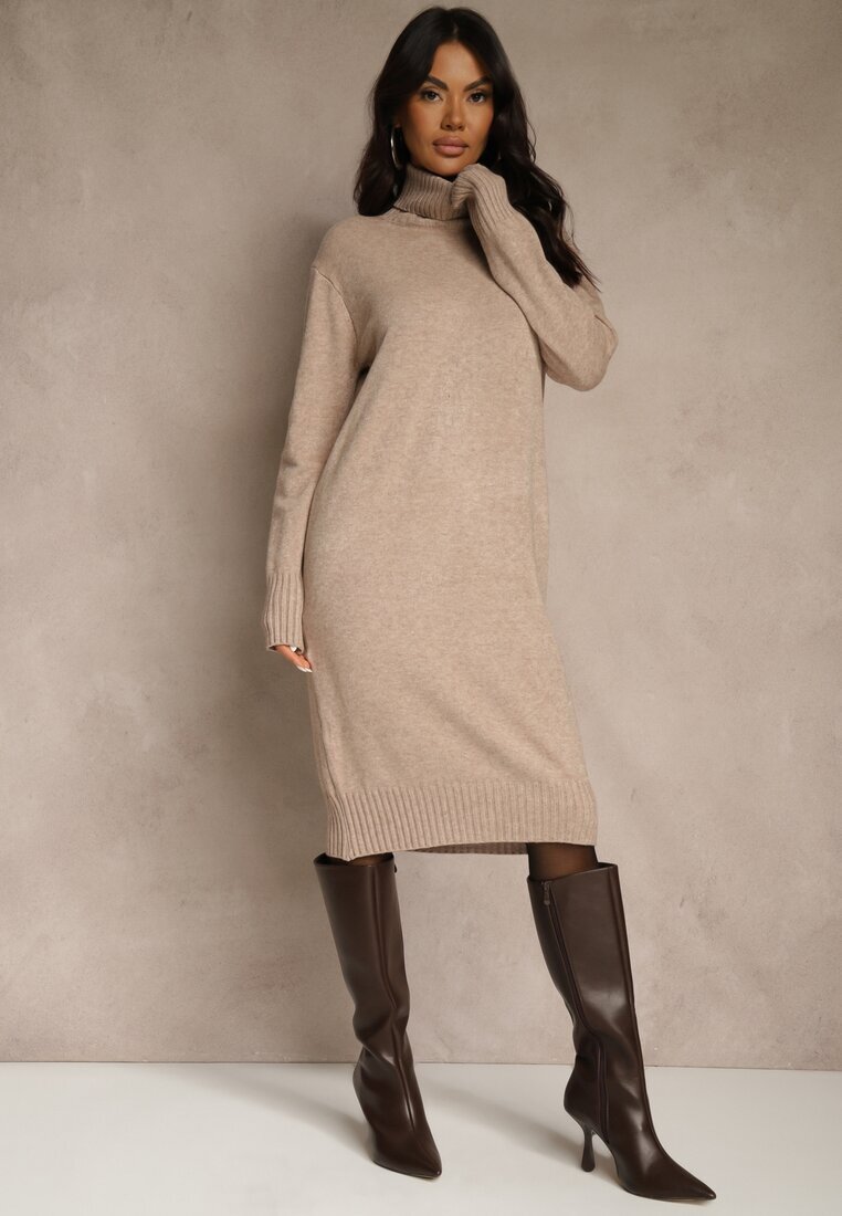 j&x Rochie tricotată bejă cu bumbac și guler înalt Reinaria