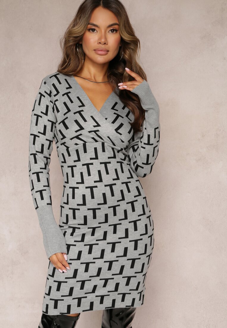 j&x Rochie tricotată gri cu model geometric cu decolteu petrecut Isobell
