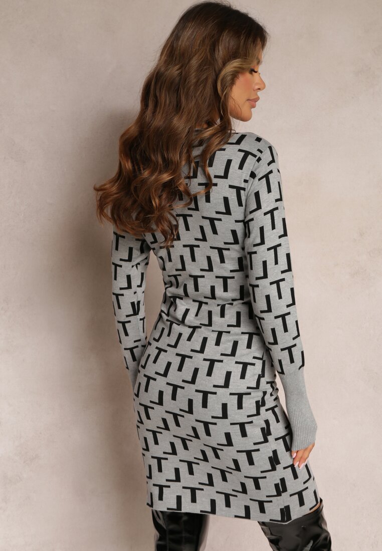 j&x Rochie tricotată gri cu model geometric cu decolteu petrecut Isobell