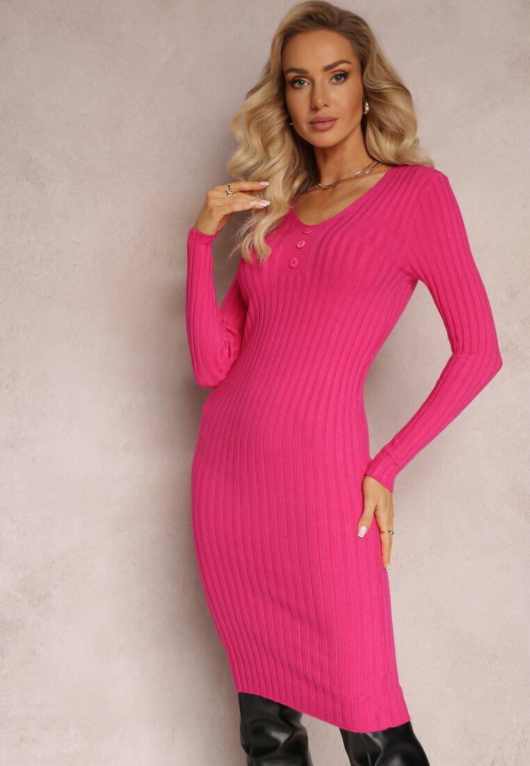 j&x Rochie Tricotată Mulată Fucsia cu Centură Greviana