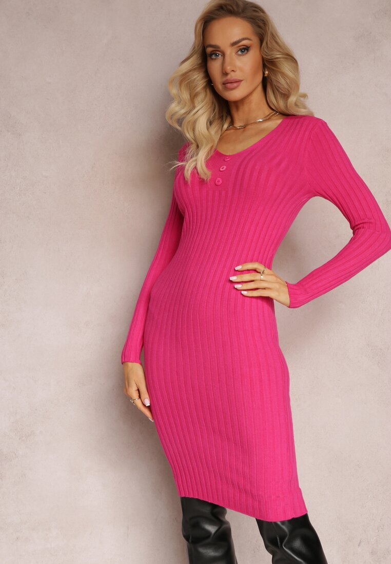 j&x Rochie Tricotată Mulată Fucsia cu Centură Greviana