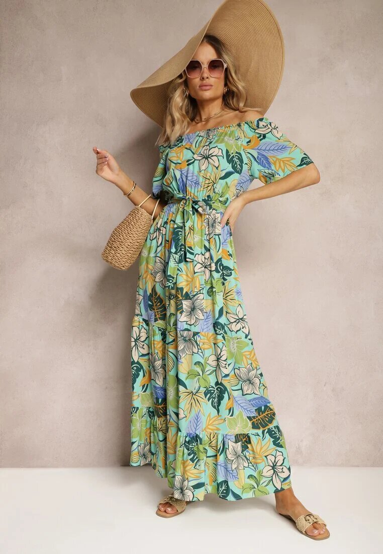 j&x Rochie Verde-Albastră din Viscoză cu Croială Cloș cu Curea în Talie și cu Imprimeu Floral Rosubia