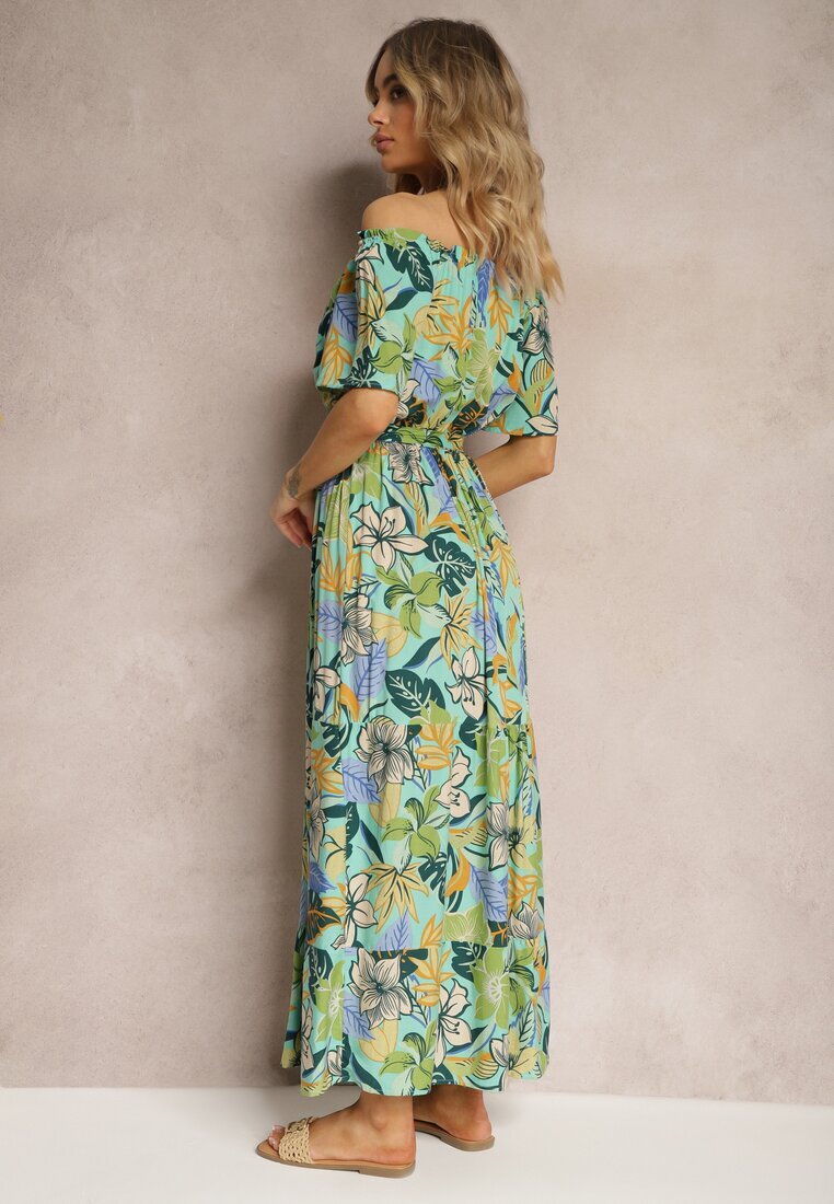 j&x Rochie Verde-Albastră din Viscoză cu Croială Cloș cu Curea în Talie și cu Imprimeu Floral Rosubia