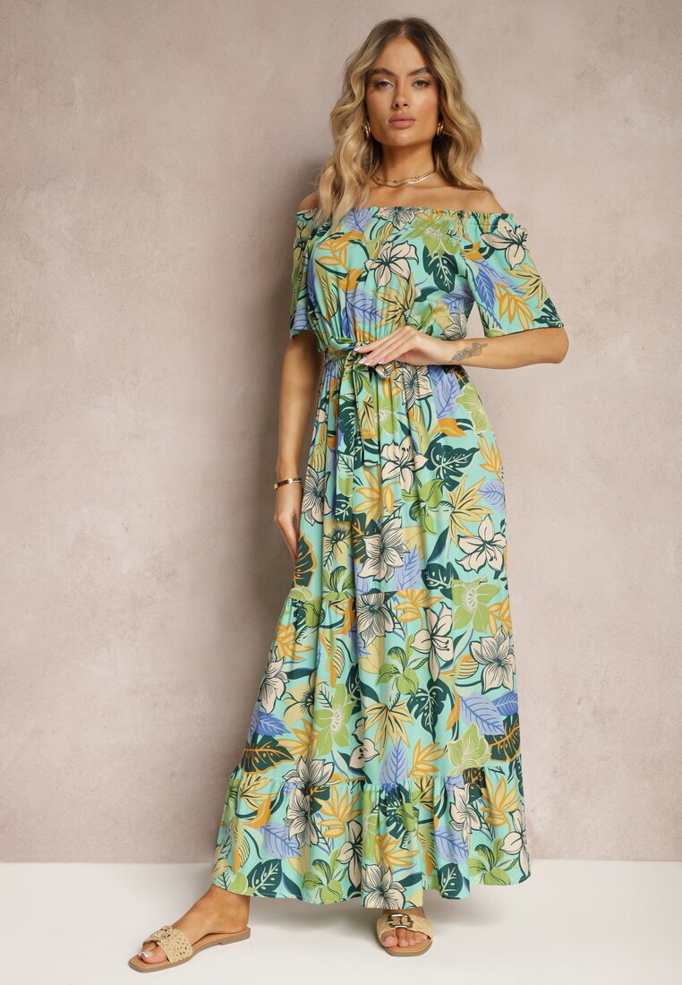 j&x Rochie Verde-Albastră din Viscoză cu Croială Cloș cu Curea în Talie și cu Imprimeu Floral Rosubia