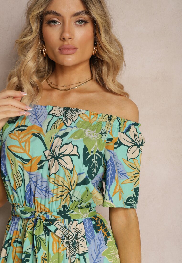 j&x Rochie Verde-Albastră din Viscoză cu Croială Cloș cu Curea în Talie și cu Imprimeu Floral Rosubia