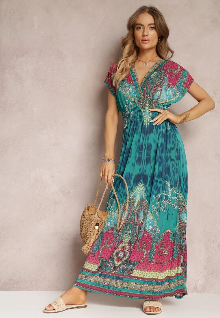 j&x Rochie verde cu croială petrecută cu imprimeu ornamental Nalori