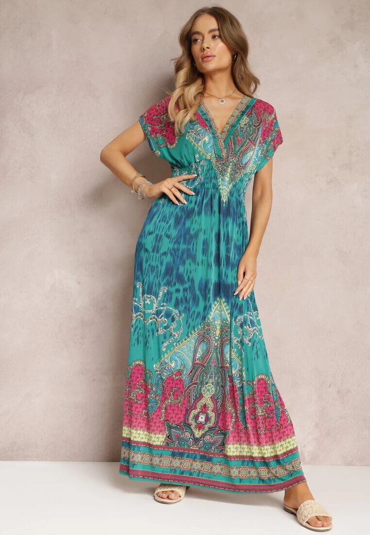 j&x Rochie verde cu croială petrecută cu imprimeu ornamental Nalori