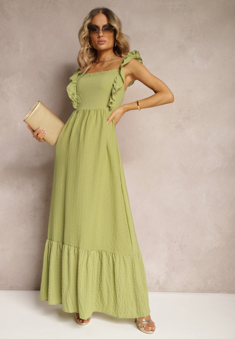 j&x Rochie Verde cu legătură la spate cu bretele cu volane și elastic în talie Rollas