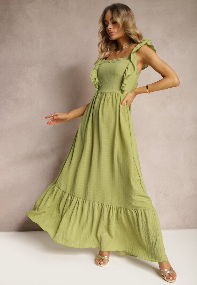 j&x Rochie Verde cu legătură la spate cu bretele cu volane și elastic în talie Rollas