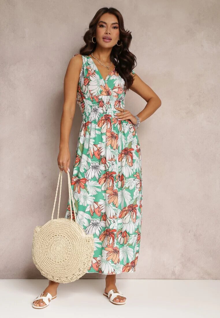 j&x Rochie Verde Evazată Maxi cu elastic în talie florală Sasta