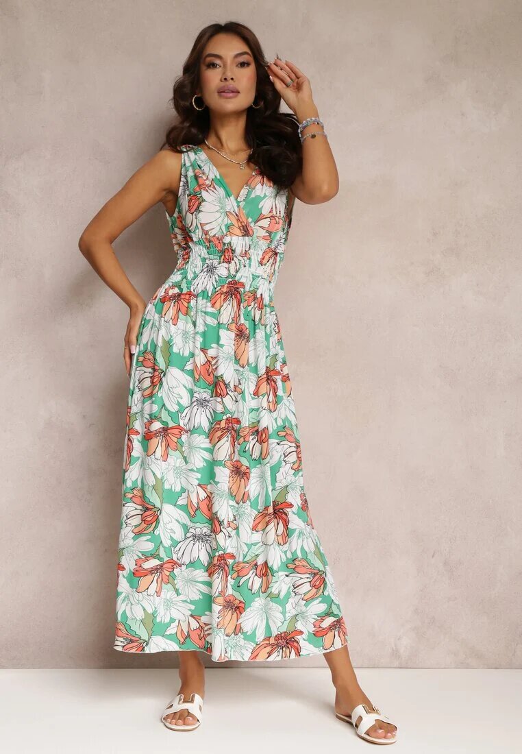 j&x Rochie Verde Evazată Maxi cu elastic în talie florală Sasta