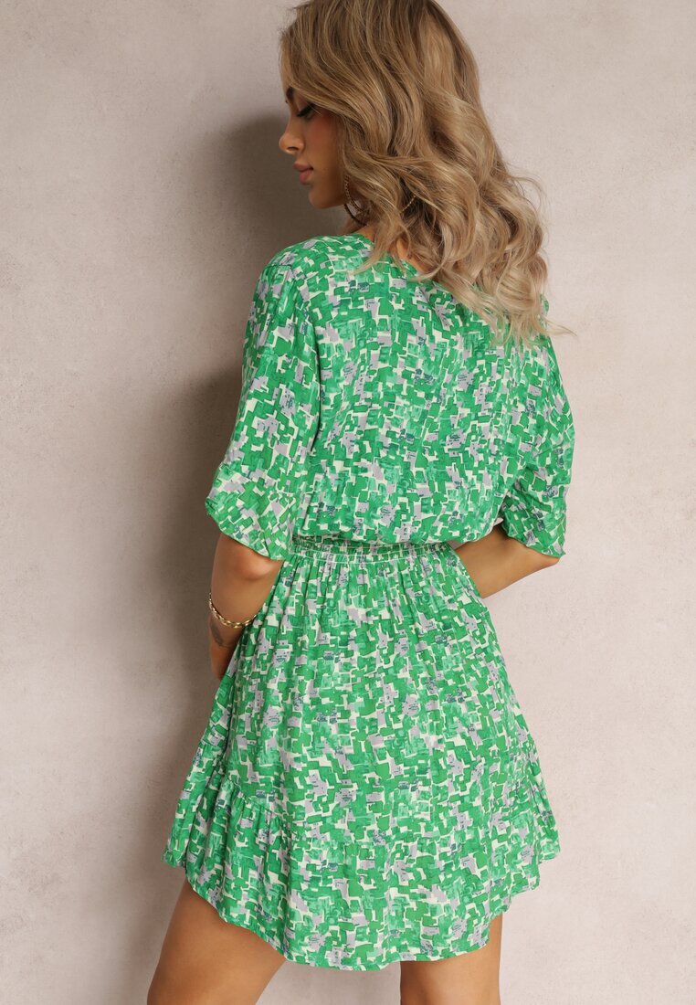 j&x Rochie Verde Evazată Mini din Viscoză cu volan cu elastic în talie Etase