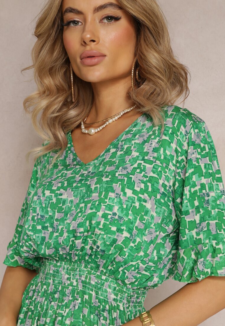 j&x Rochie Verde Evazată Mini din Viscoză cu volan cu elastic în talie Etase