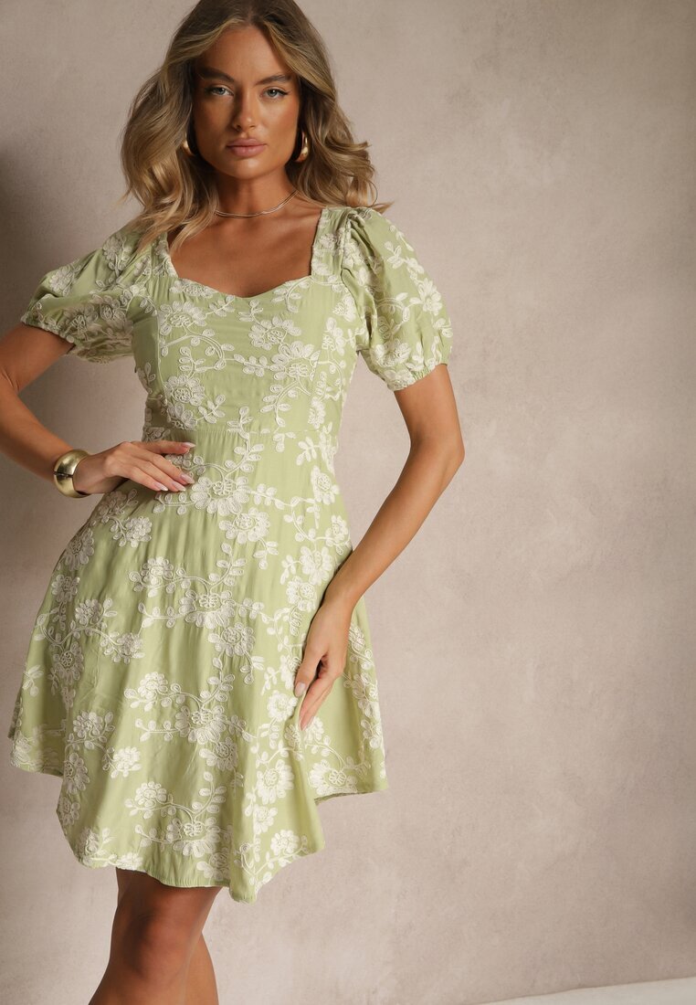 j&x Rochie Verde Florală cu Mâneci Bufante Deviriel