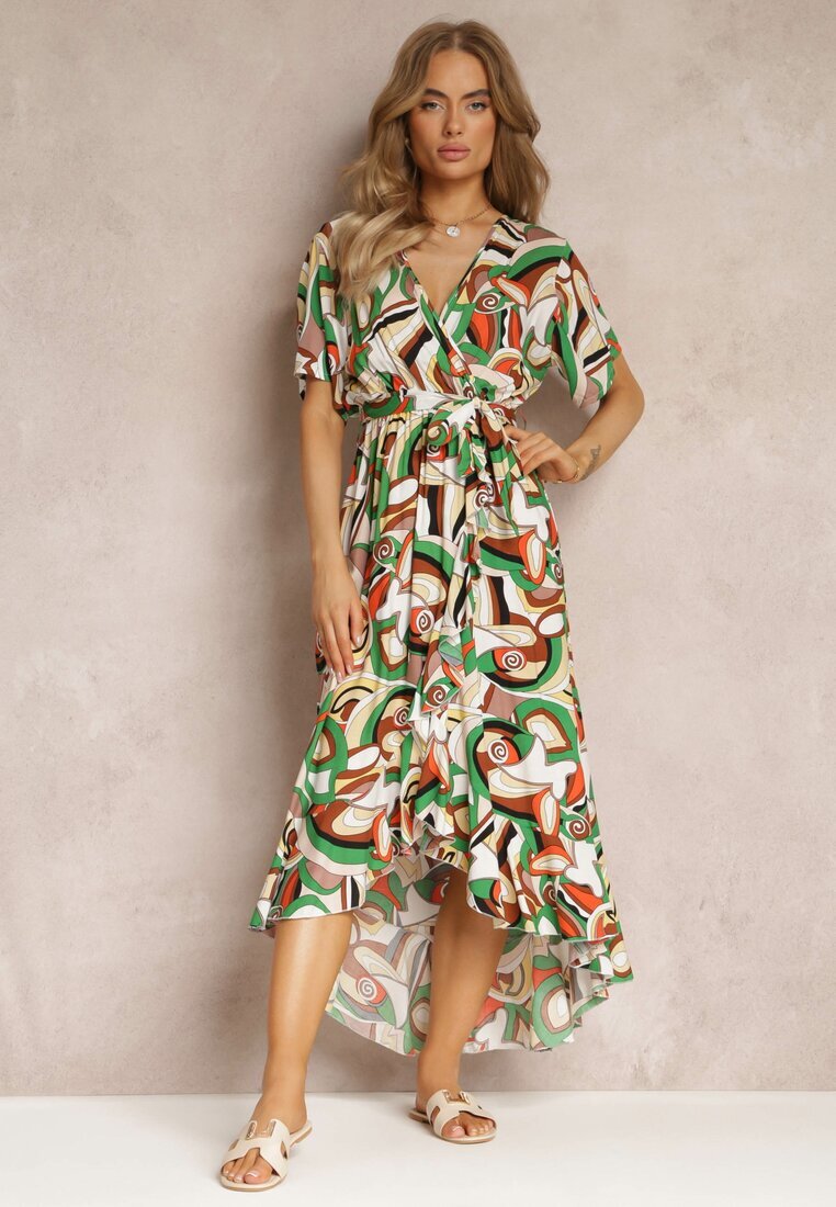 j&x Rochie Verde Imprimată Midi cu elastic în talie din viscoză Angelett