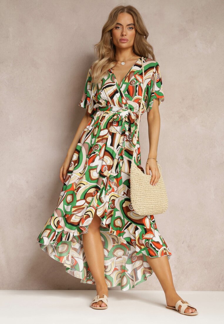 j&x Rochie Verde Imprimată Midi cu elastic în talie din viscoză Angelett