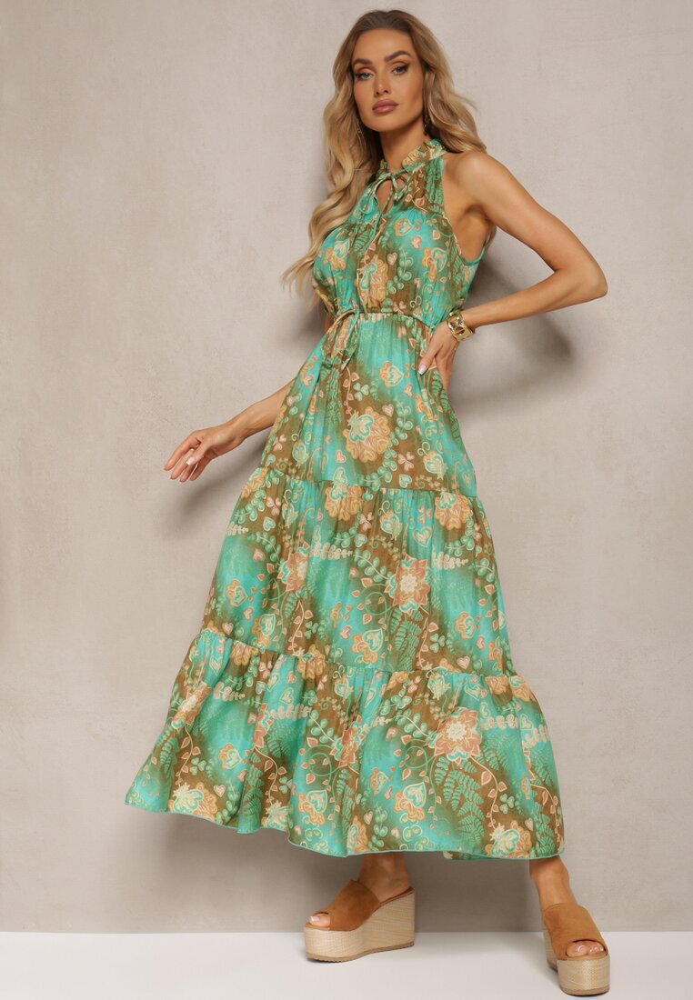 j&x Rochie Verde în Stil Boho cu Elastic în Talie și Legătură Decorativă Piofara