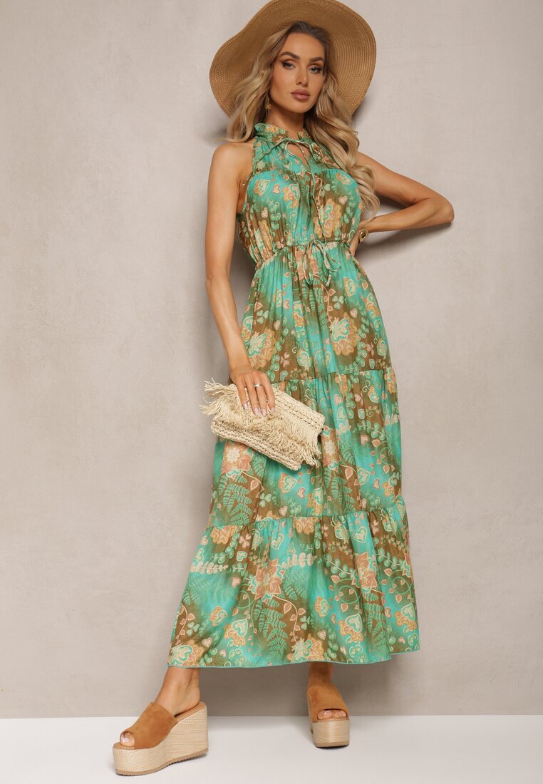 j&x Rochie Verde în Stil Boho cu Elastic în Talie și Legătură Decorativă Piofara