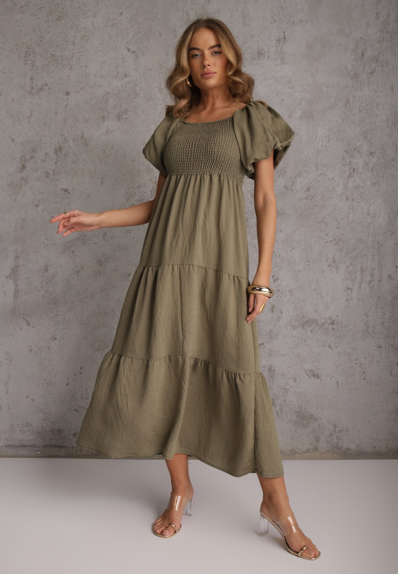 j&x Rochie verde închis din viscoză evazată cu mâneci bufante Rosena