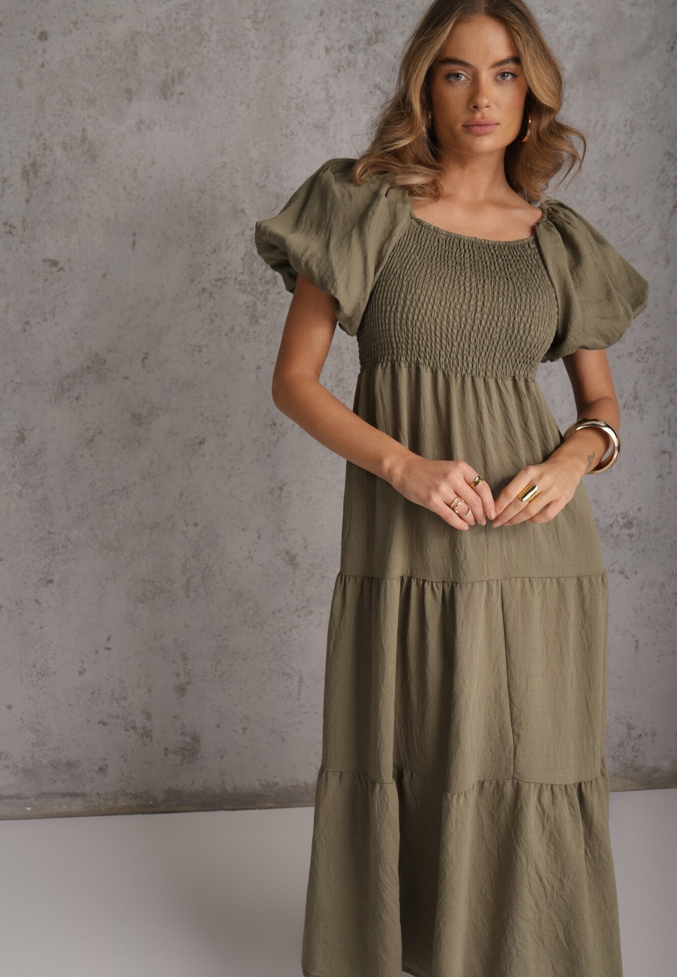 j&x Rochie verde închis din viscoză evazată cu mâneci bufante Rosena
