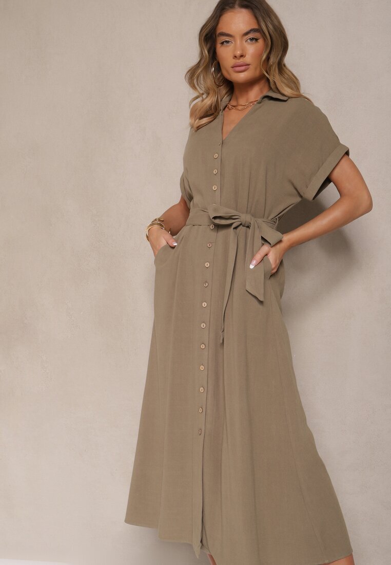 j&x Rochie Verde închis din Viscoză și In cu Croială Tip Cămașă cu Cordon Efralissea