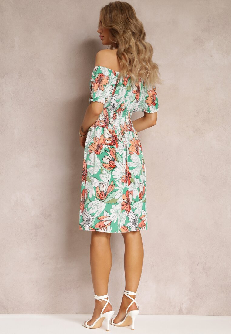 j&x Rochie Verde Midi cu Imprimeu Floral cu Decolteu Spaniol și Elastic în Talie Clemitte