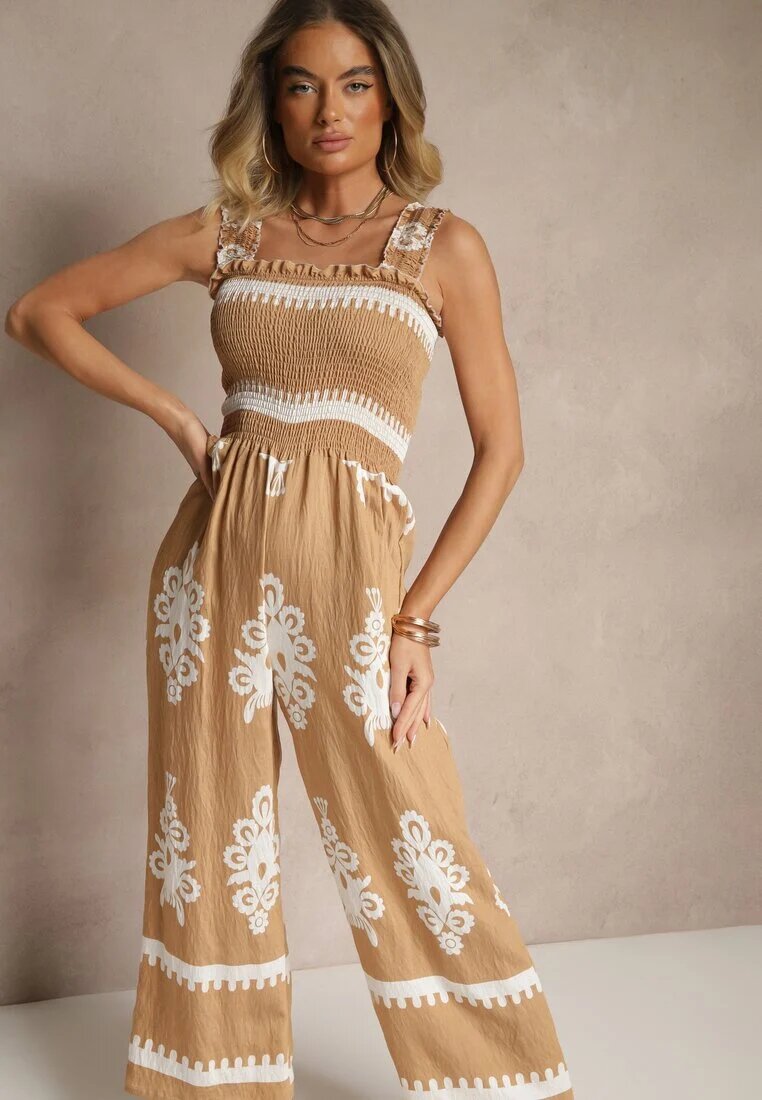 j&x Salopetă Maro Wide Leg din Viscoză cu Bretele Decorată cu Model Etnic Melriti