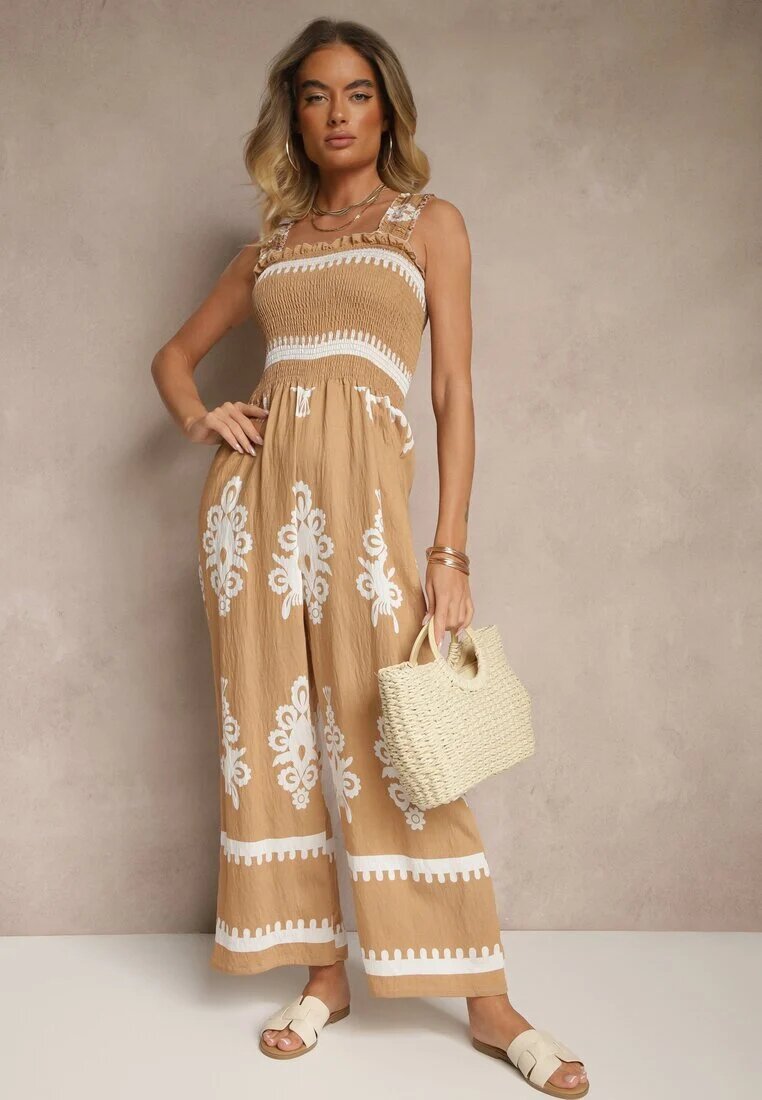 j&x Salopetă Maro Wide Leg din Viscoză cu Bretele Decorată cu Model Etnic Melriti