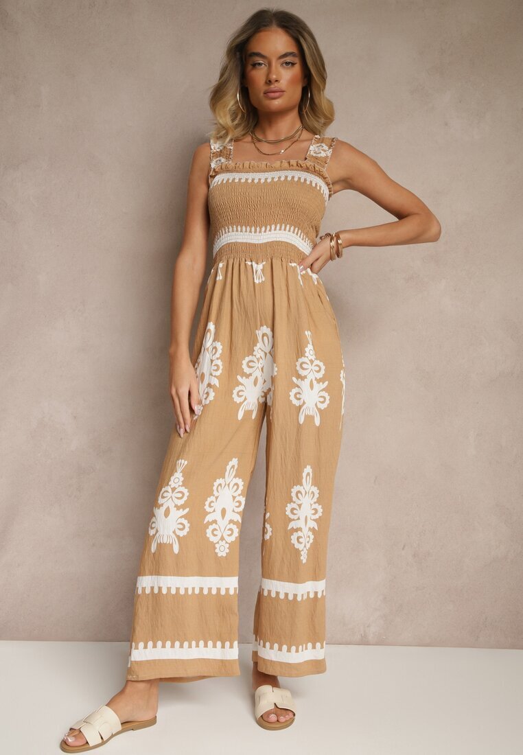 j&x Salopetă Maro Wide Leg din Viscoză cu Bretele Decorată cu Model Etnic Melriti