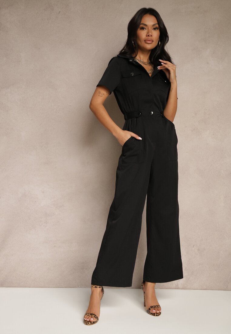j&x Salopetă Negru Wide Leg cu Guler cu Fermoar și Mânecă scurtă Jenaralitia